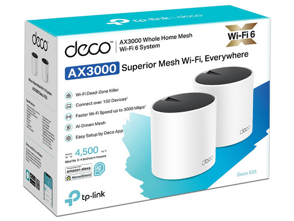 Sistema Wi-Fi en Malla TP-LINK DECO X55, de Doble banda 2.4GHz y 5GHz, Wireless AX (Wi-Fi 6), hasta 3000 Mbps. (2 Piezas)