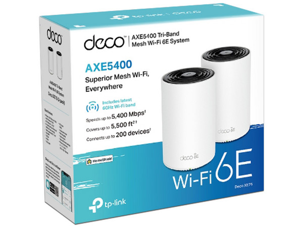 Sistema de Wi-Fi en Malla TP-Link Deco XE75 de Triple Banda, Wireless AX (Wi-Fi 6E), hasta 5400 Mbps, (2 Piezas). Color Blanco.