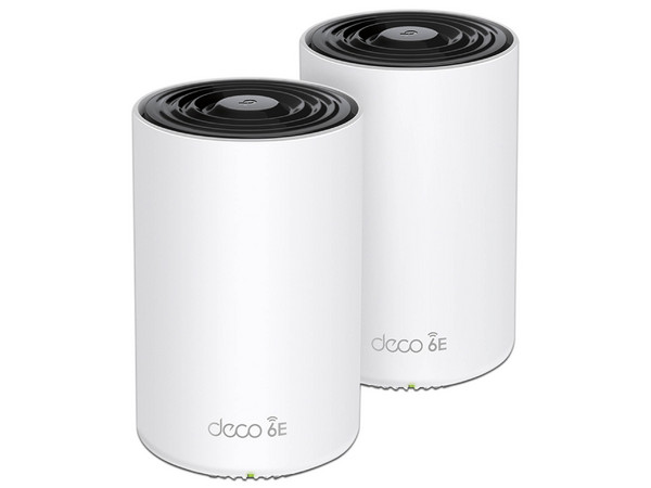 Kit 2 Routers Mesh Wi-Fi 6E AX5400, Doble Banda, 3 Puertos Gigabit, 4 Antenas Internas, App Deco, Protección HomeShield.