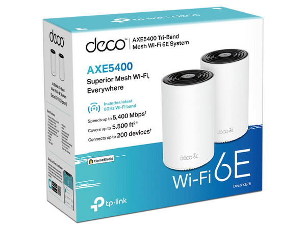 Kit 2 Routers Mesh Wi-Fi 6E AX5400, Doble Banda, 3 Puertos Gigabit, 4 Antenas Internas, App Deco, Protección HomeShield.