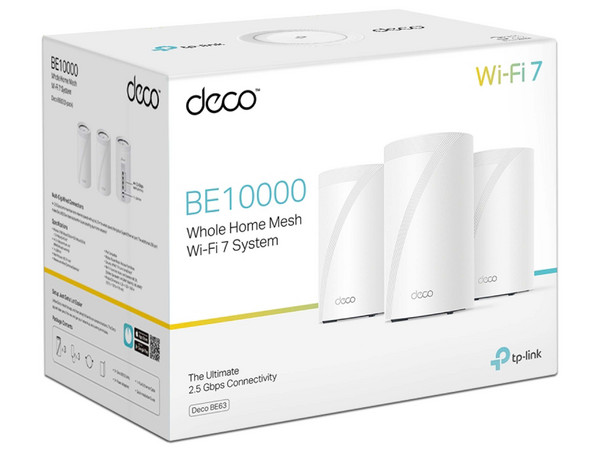 Router TP-Link Deco BE63 (3 Pack), sistema Wi-Fi 7 Mesh de banda triple, hasta 5188Mbps, 4x puertos RJ-45, compatible con 2.4/5/6 GHz.