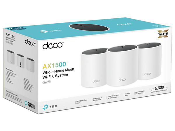 Sistema Mesh Wi-Fi 6 TP-LINK Deco X15 (3-Pack), Dual-Band, AX1500, 2 Puertos Gigabit.