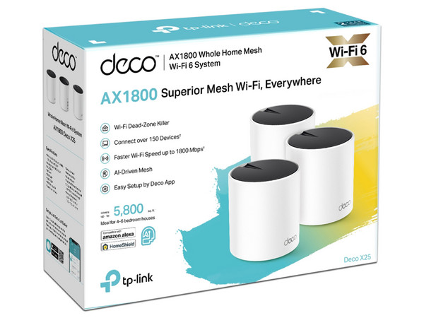 Sistema Mesh TP-LINK DECO X25, Wi-Fi 6 AX1800 de Doble Banda, 2 Antenas Internas, 2 Puertos RJ-45, MU-MIMO OFDMA, Color Blanco. (3 piezas)