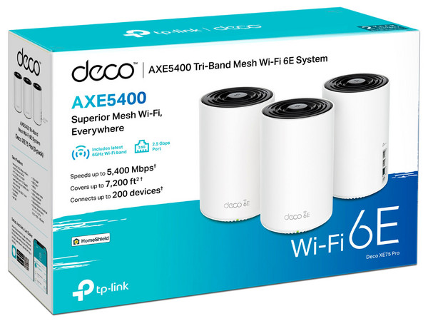 Sistema de Wi-Fi en Malla TP-Link Deco XE75 Pro de Triple Banda, Wireless AX (Wi-Fi 6E), Hasta 5400 Mbps, (3 Piezas). Color Blanco.