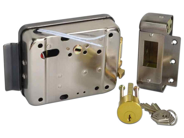 Cerradura Eléctrica Izquierda YLI ABK-702B-L, Apertura con Botón y Llave, 12V, Uso Interior, Carcasa Metálica, Compatible con Controles de Acceso.