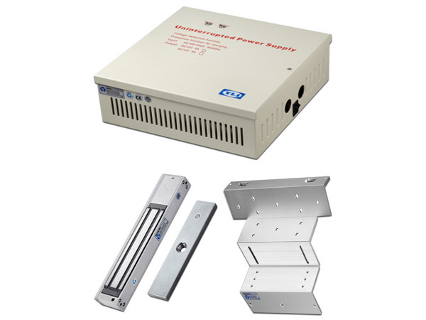 Cerradura magnética YLI YM280KEPAK de 280 Kg de fuerza de sujeción, con soporte de instalación y Gabinete de energía 12VDC incluido.