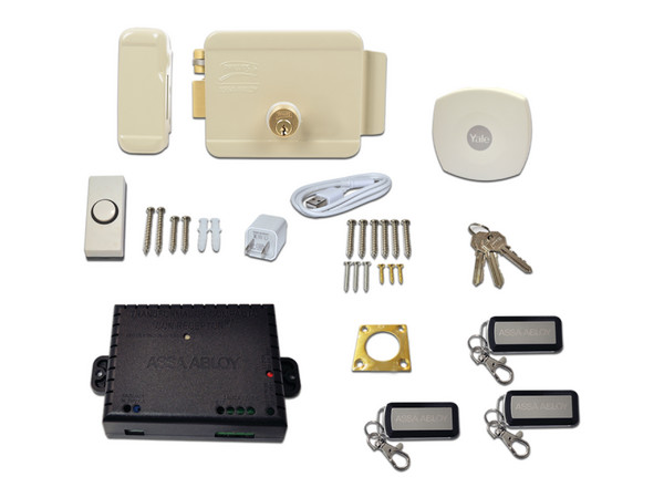 Kit de Cerradura Eléctrica Yale 89371, Incluye Cerradura Izquierda Eléctrica 321DC, HUB de Apertura atreves de Smartphone y 3 Controles Remotos.