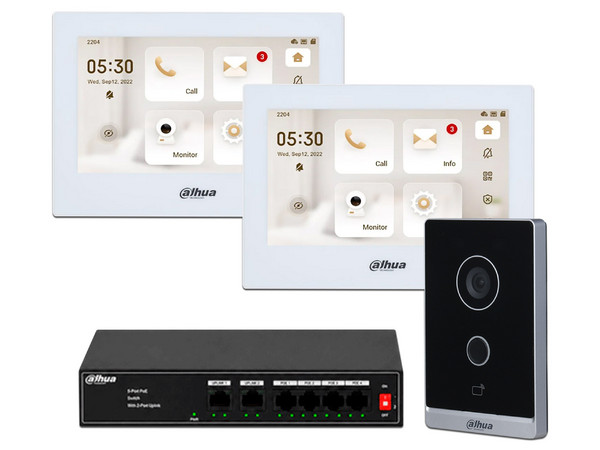 Kit de Videoportero IP Dahua KITVPIPWIFI01DH, Incluye Videoportero DHI-VTO2211G-WP de 2MP, 2 Monitores DHI-VTH2621GW-P de 7
