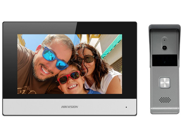 Kit de Videoportero Hikvision DS-KIS303-P, Frente de calle con Cámara de 1920 x 1080 y Pantalla Multi-Touch de 7
