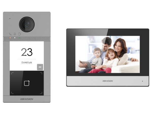 Kit de videoportero Hikvision IP DS-KIS604-P, Incluye frente de calle de 3MP, Monitor touch 7