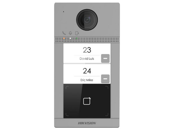 Videoportero IP Hikvision DS-KV8113-WME1(C), Cámara de 2MP (1920 x 1080), PoE, IP65, IK08, 2 Departamentos, Apertura con Tarjeta, Soporta 2 Puertas y hasta 6 Monitores.