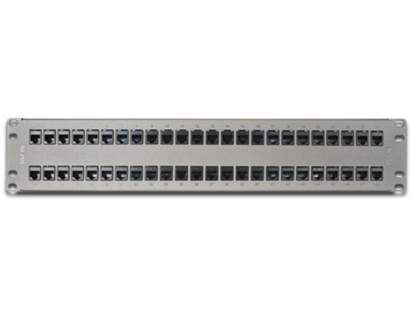 Panel de Parcheo Belden AX103256 con 48 puertos RJ45 Cat6a, 2U Rack.