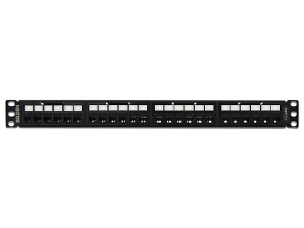 Panel de parcheo BELDEN RV6PPF1U24BK de 24 puertos, 1U, Cat6. Color Negro.
