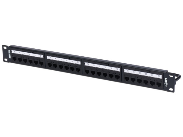 Panel de parcheo BELDEN RV6PPF1U24BK de 24 puertos, 1U, Cat6. Color Negro.