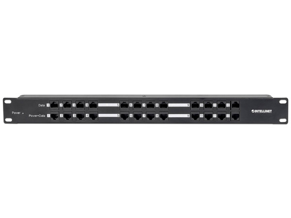 Panel de parcheo de 24 puertos con 12 puertos RJ45 para entrada de datos y 12 puertos RJ45 para salida de datos y energía