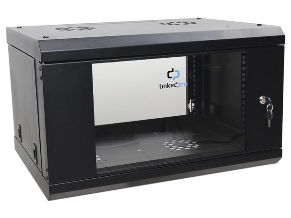Gabinete de pared 6U Linkedpro SR1906LH3G, con puerta de cristal templado. Color Negro