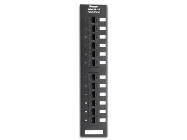 Panel de conexiones Panduit con 12 puertos RJ45 de 8 posiciones y 8 cables. 12 puertos, Categoría 6. Montaje en pared con soporte estándar 89D.