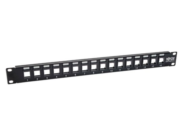 Panel de conexiones sin blindaje Tripplite Cat6 de 16 puertos para instalación en rack, 1U, Color Negro.
