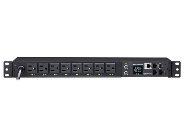 Barra multicontactos PDU CyberPower de 8 salidas tipo NEMA 5-15P, RJ-45, para montaje en rack de 1U.