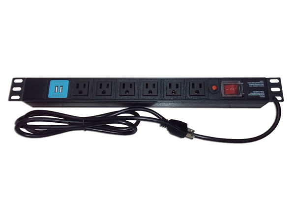 PDU Barra horizontal multicontacto Thorsman THTCM6CUSB con 6 contactos NEMA 5-15R y 2 puertos USB, para instalación en rack de 19