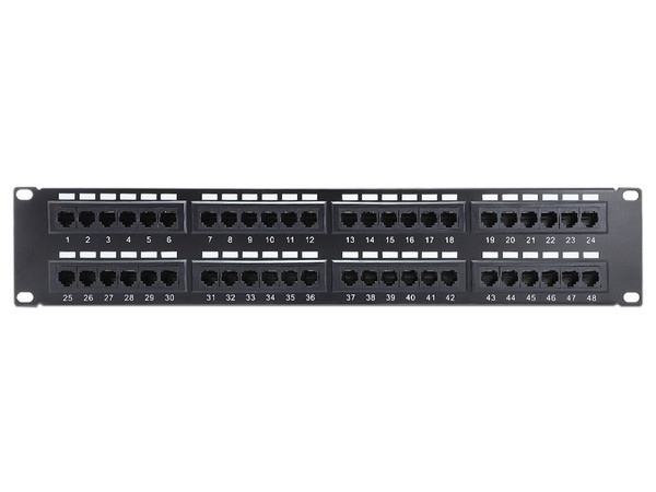 Patch Panel Enson ENS-PAT48C6A 2UR Precargado Cat6A con 48 Puertos Montaje en Rack Estándar de 19 Pulgadas. Color Negro.
