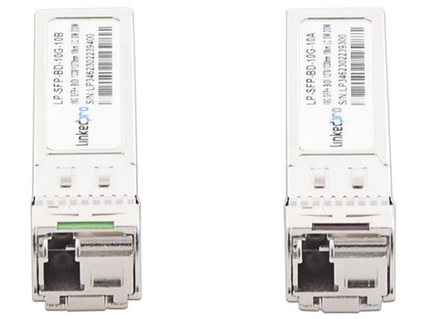 Par Transceptores LinkedPro Bidireccionales SFP+ para fibra Monomodo (Mini-Gbic), 10 Gbps, Conectores LC Simplex, Hasta 10km de Distancia.