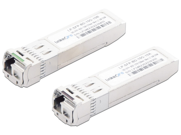 Par Transceptores LinkedPro Bidireccionales SFP+ para fibra Monomodo (Mini-Gbic), 10 Gbps, Conectores LC Simplex, Hasta 10km de Distancia.
