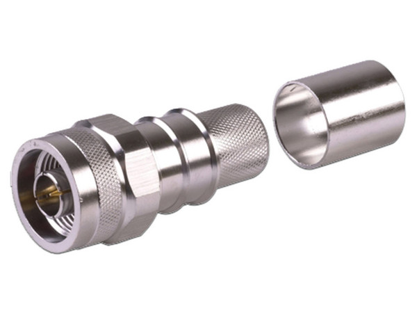 Conector Tipo N Macho RF Industries EZ-600-NM-HX, Plegable, Pin Cautivo para cable LMR600, Color Plateado.