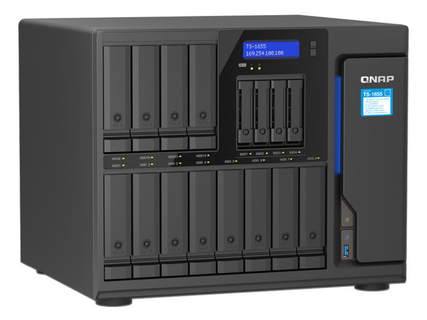 Servidor NAS QNAP TS-1655-8G-US: 
Procesador Intel Atom C5125 (hasta 2.8 GHz), 
Memoria e 8GB DDR4, 
16 Bahías SATA (No Incluye Discos Duros).