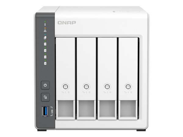 Servidor NAS QNAP TS-431X3-4G-US, 
Procesador ARM 4-core Cortex-A55 (hasta 2.0 GHz), 
Memoria de 4 GB, 
4 bahías Sata, 
No Incluye Discos duros.