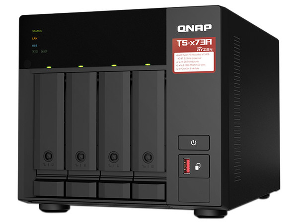 Servidor NAS QNAP TS-473A-8G-US, 
Procesador AMD Ryzen de 4 núcleos (hasta 2.2 GHz),
Memoria de 8 GB,
Red de 2.5 GbE,
Hasta 4 Bahías SATA.