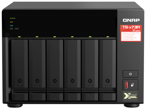 Servidor NAS QNAP TS-673A, con 6 bahías para discos duros(no incluidos), Memoria RAM de 8GB DDR4 (Hasta 64 GB), 2 Puertos Gigabit. Color Negro