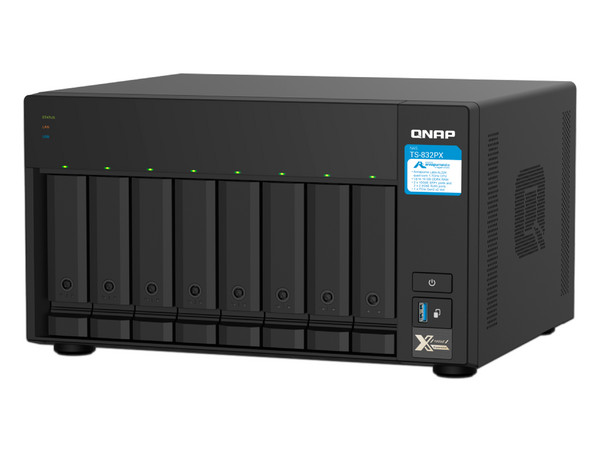 Servidor NAS QNAP TS-832PX-4G: Procesador AnnapurnaLabs Alpine AL324 ARM (hasta 1.7 GHz), Memoria de 4GB DDR4, 8 Bahías SATA, (No incluye discos duros).