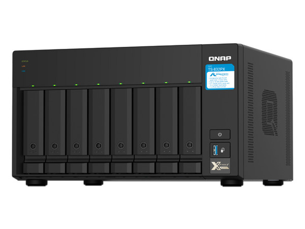 Servidor NAS QNAP TS-832PX-4G: Procesador AnnapurnaLabs Alpine AL324 ARM (hasta 1.7 GHz), Memoria de 4GB DDR4, 8 Bahías SATA, (No incluye discos duros).