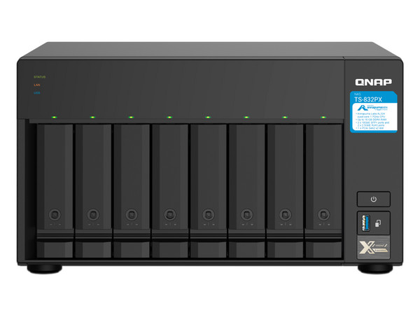 Servidor NAS QNAP TS-832PX-4G: Procesador AnnapurnaLabs Alpine AL324 ARM (hasta 1.7 GHz), Memoria de 4GB DDR4, 8 Bahías SATA, (No incluye discos duros).