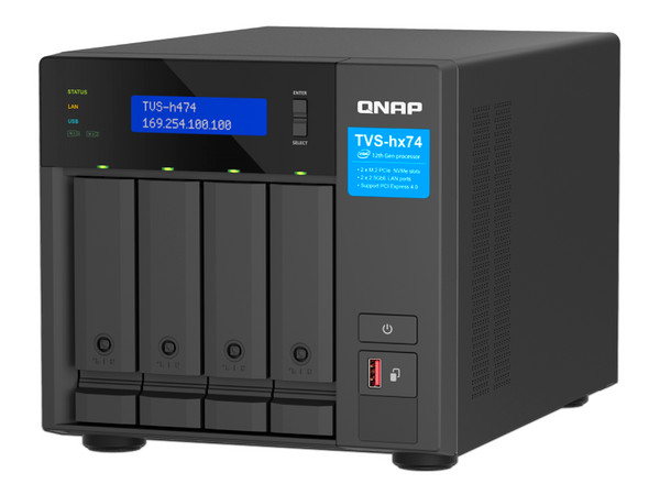 Servidor NAS QNAP TVS-H474-PT-8G-US: 
Procesador Intel Pentium Gold G7400 (hasta 3.7 GHz), 
Memoria de 8 GB DDR4, 
Hasta 4 Bahías SATA.
No Incluye Discos Duros.