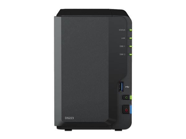 Servidor NAS Synology DS223: 
Procesador Realtek RTD1619B (Hasta 1.7 Ghz), 
Memoria de 2GB, 
hasta 2 Bahías SATA, 
No Incluye Discos Duros.