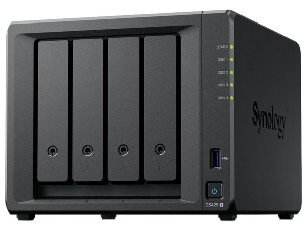 Servidor NAS Synology DiskStation DS425+: 
Procesador Intel Celeron J4125 (hasta 2.7 GHz), 
Memoria de 2GB DDR4, 
Hasta 4 Bahías para Discos Duros (No Incluidos), 
Color Negro.