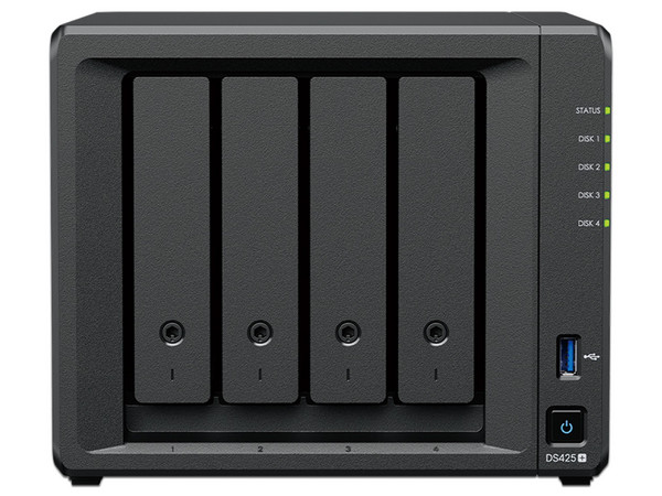 Servidor NAS Synology DiskStation DS425+: 
Procesador Intel Celeron J4125 (hasta 2.7 GHz), 
Memoria de 2GB DDR4, 
Hasta 4 Bahías para Discos Duros (No Incluidos), 
Color Negro.