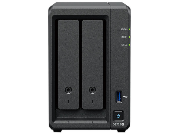 Servidor NAS Synology DiskStation DS725+: 
Procesador AMD Ryzen R1600 (hasta 3.1 GHz), 
Memoria de 4GB DDR4, 
Hasta 2 Bahías para Discos Duros (No Incluidos),
Color Negro.