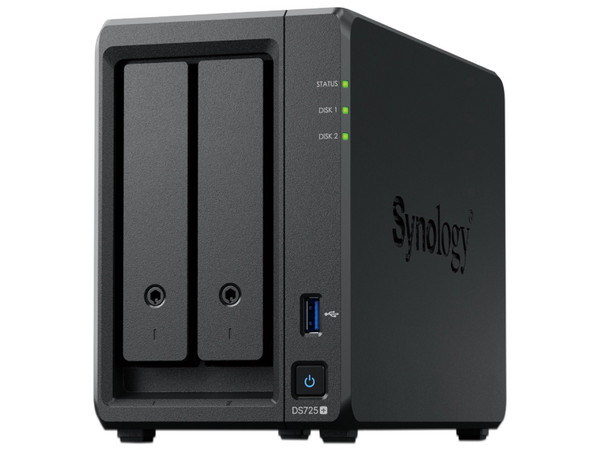 Servidor NAS Synology DiskStation DS725+: 
Procesador AMD Ryzen R1600 (hasta 3.1 GHz), 
Memoria de 4GB DDR4, 
Hasta 2 Bahías para Discos Duros (No Incluidos),
Color Negro.