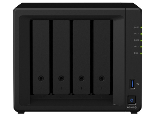 NAS SYNOLOGY DiskStation DS918+ con 4 Bahías para Discos de hasta 3.5”, USB 3.0, 2 Puertos Gigabit, 4 GB DDR3L, hasta 48TB (no Incluye discos duros).