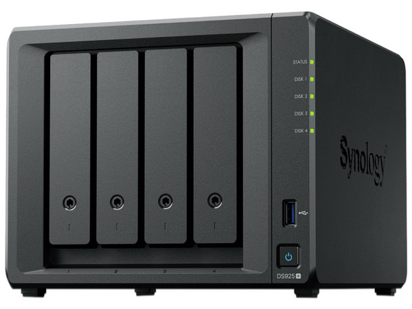 Servidor NAS Synology DS925+: 
Procesador AMD Ryzen V1500B (hasta 2.2 GHz), 
Memoria RAM de 4GB DDR4, 
hasta 4 Bahias, 
Color Negro.