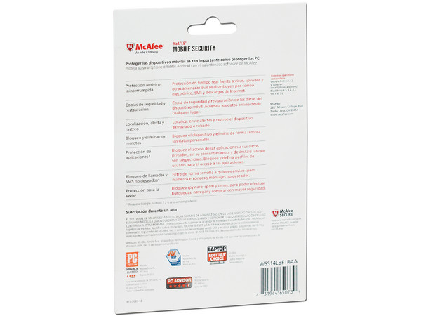 McAFEE Mobile Security 2014 para 1 Smarphone o Tableta Android.