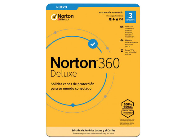 Norton 360 Deluxe, 3 Dispositivos, 1 año.