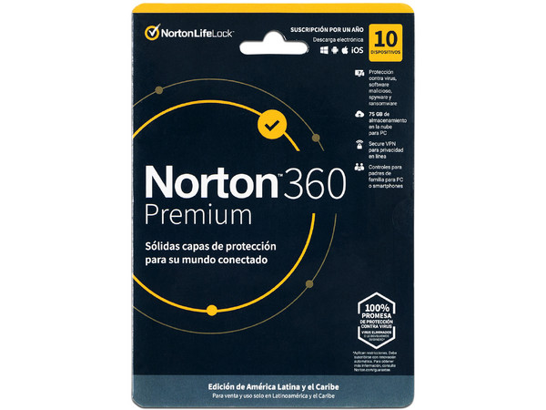 Norton Antivirus 360 Premium, 10 Dispositivos, 1 año.