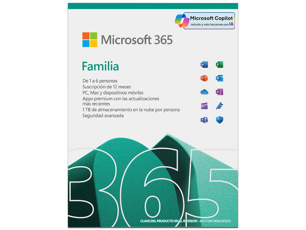 Microsoft 365 Family FPP, Licencia para Uso Doméstico, Hasta 6 Usuarios, Incluye Almacenamiento en la Nube.