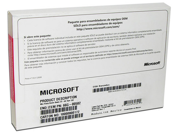 Microsoft Windows Vista Home Basic en Español, DVD (OEM)