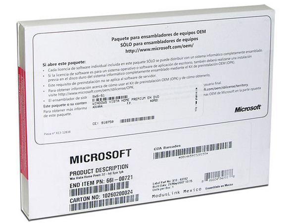 Microsoft Windows Vista Home Premium en Español, DVD (OEM)