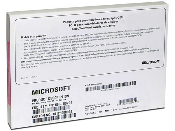 Microsoft Windows Vista Home Premium (64 Bits) en Español, DVD (OEM)